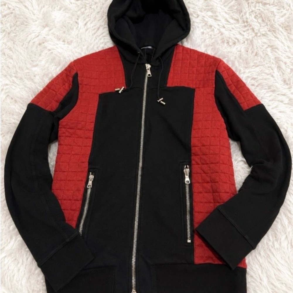 Balmain Black and Red Quilted Zip Hoodie Jacket